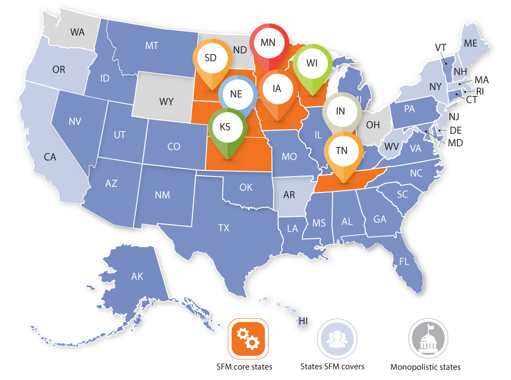 US state map showing SFM's state of coverage